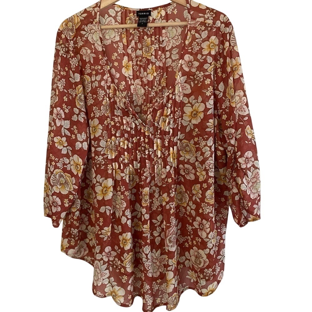 Torrid Womens 2X Floral Print Chiffon Pleated Ruched Sleeve Blouse Top Sheer